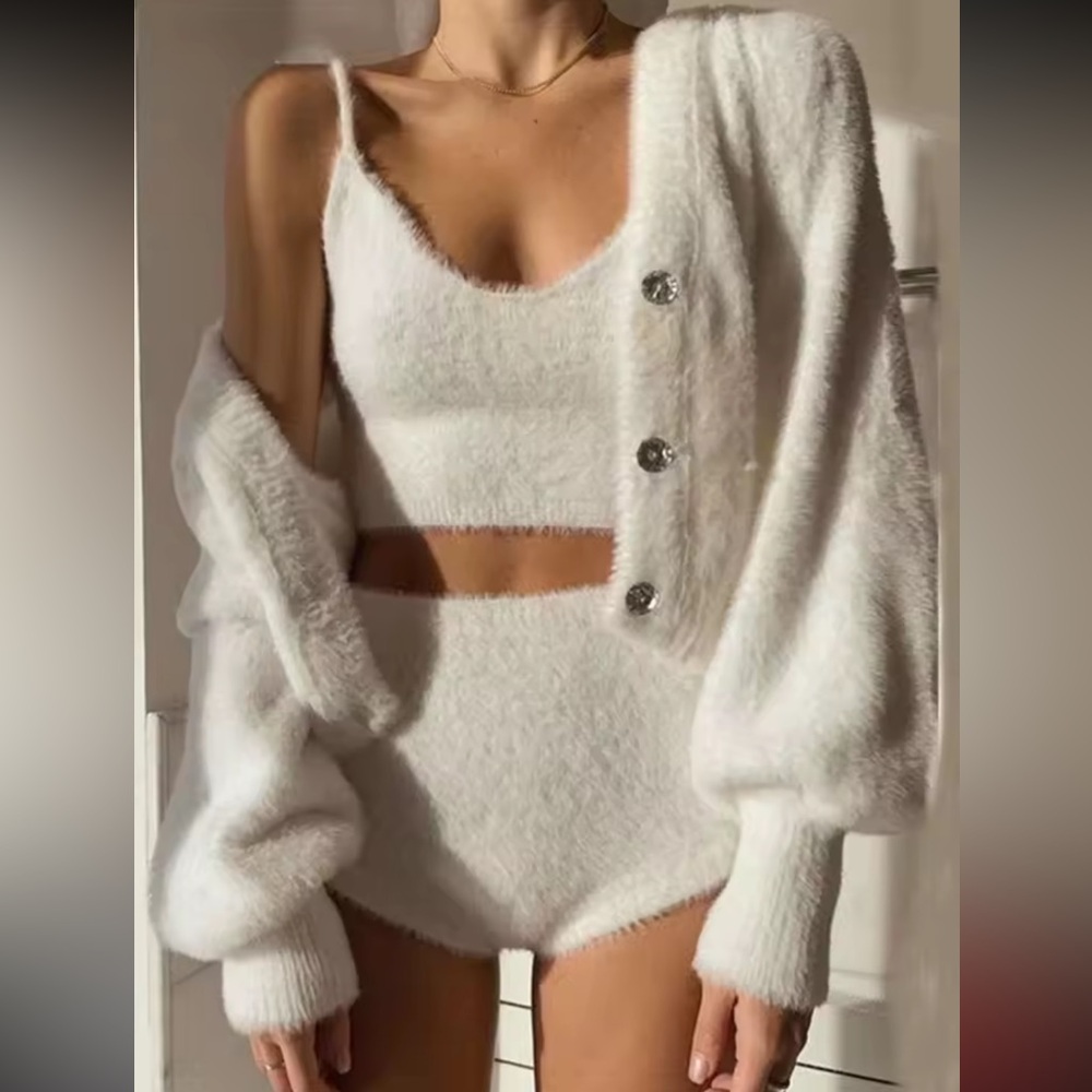 Fuzzy outfit 3 pc set shorts cardigan crop tank white
